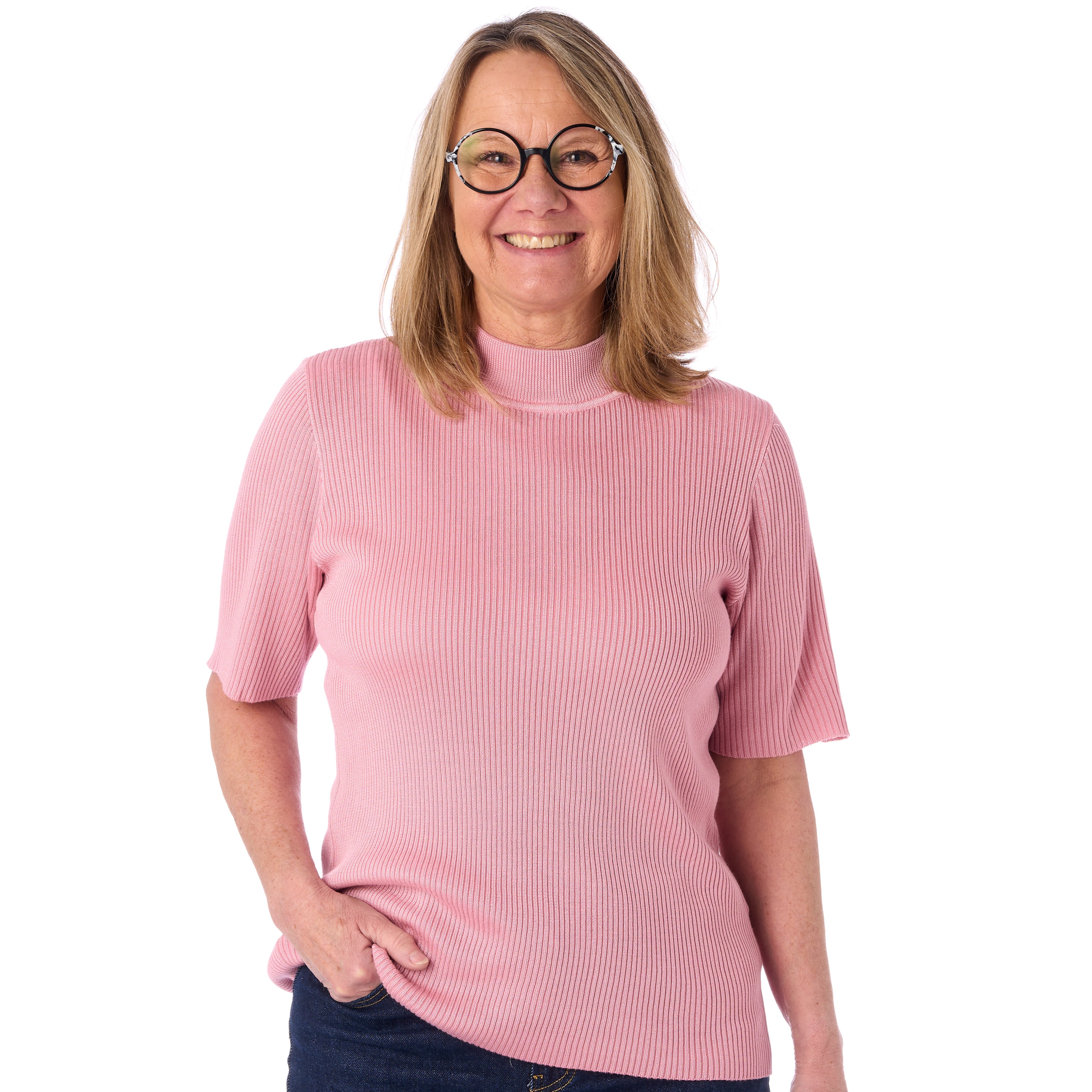 Ribbstickad tröja med hög hals och korta ärmar från Signature