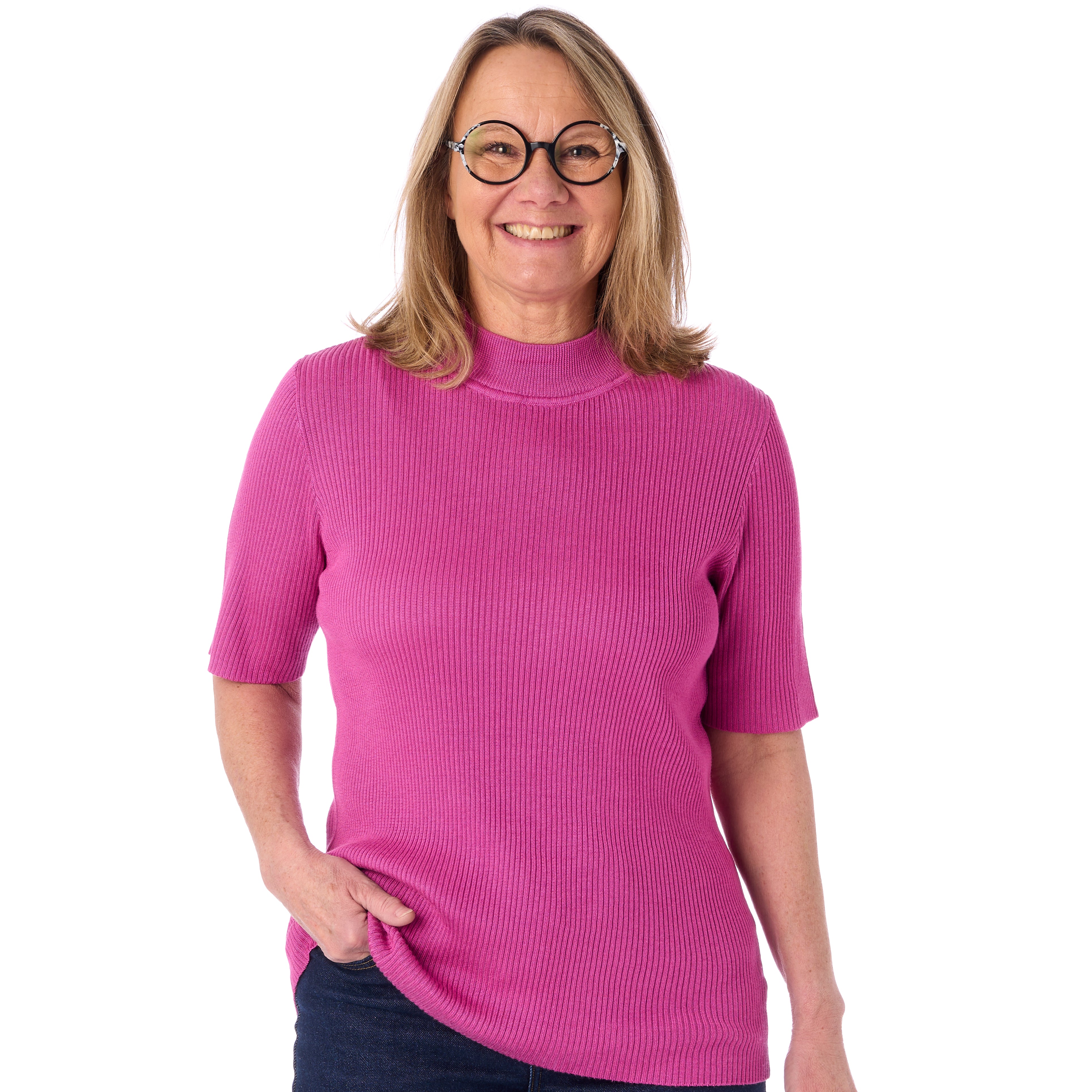 Ribbstickad tröja med hög hals och korta ärmar från Signature