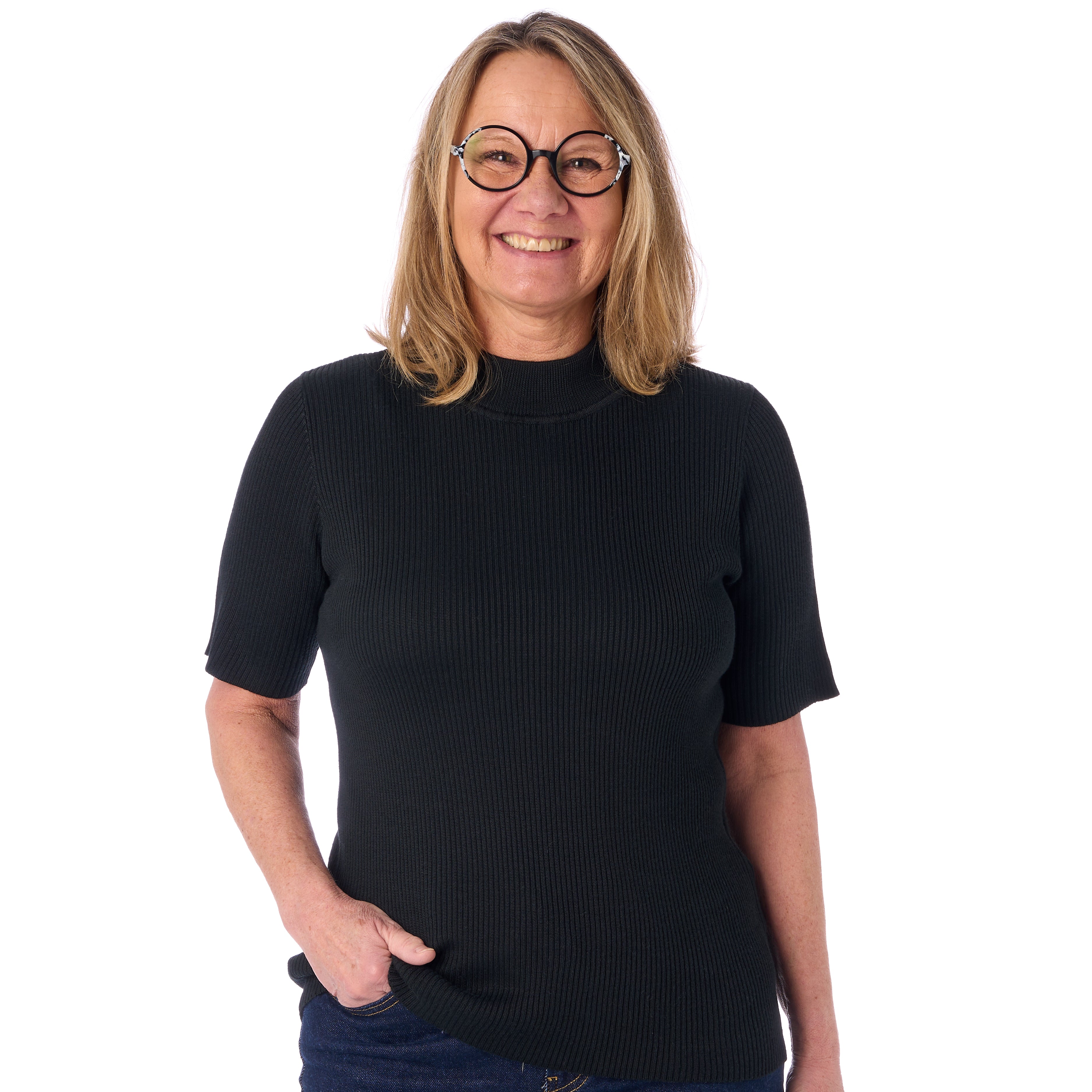 Ribbstickad tröja med hög hals och korta ärmar från Signature