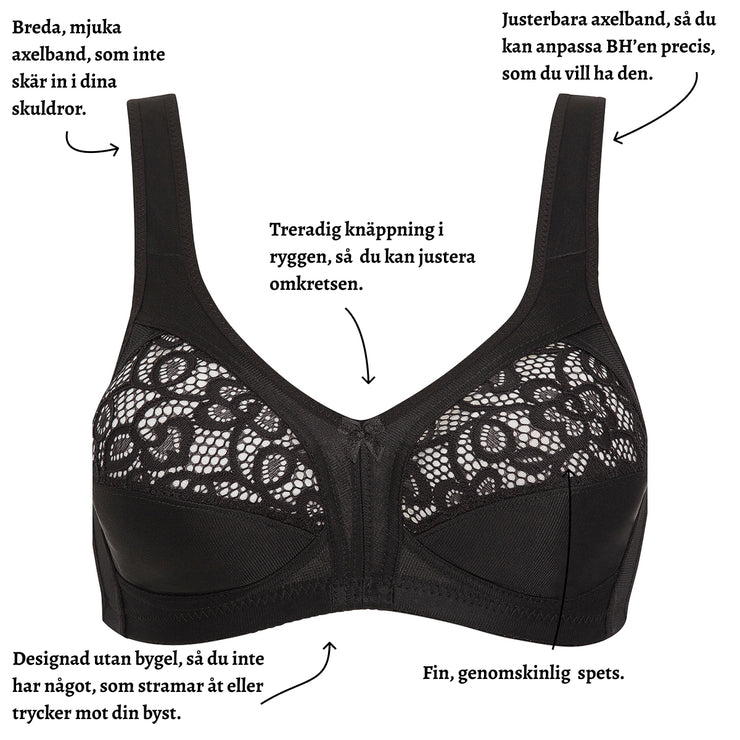 Naturana spets BH: Breda, mjuka och justerbara axelband - Utan bygel - Str. 75B till 100E