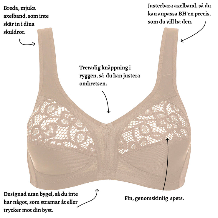 Naturana spets BH: Breda, mjuka och justerbara axelband - Utan bygel - Str. 75B till 100E