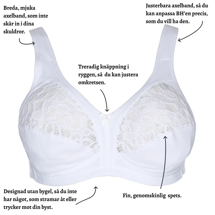 Naturana spets BH: Breda, mjuka och justerbara axelband - Utan bygel - Str. 75B till 100E